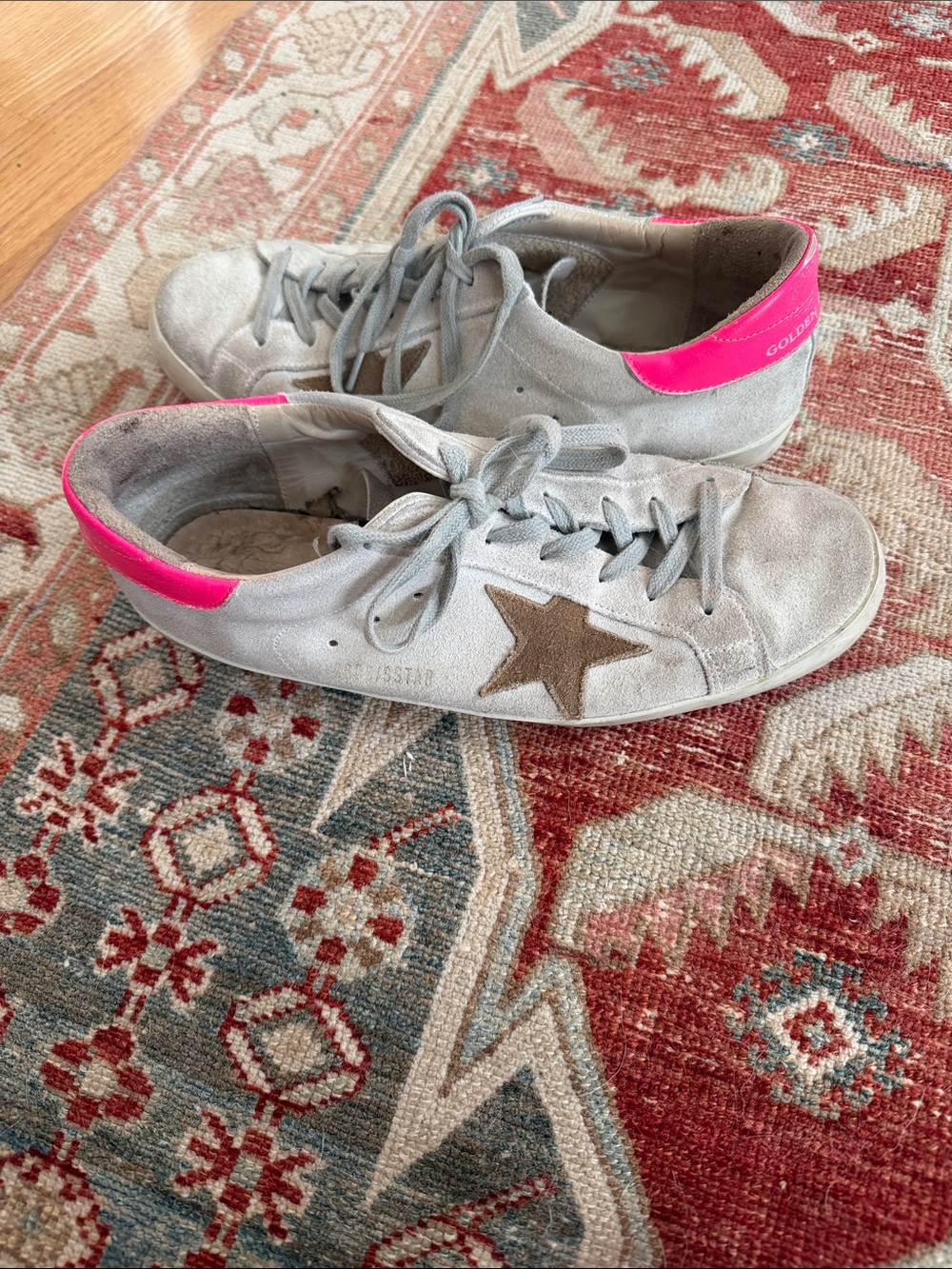 Golden Goose Gray Suede Sneakers with Pink Heel Tab and Brown Star